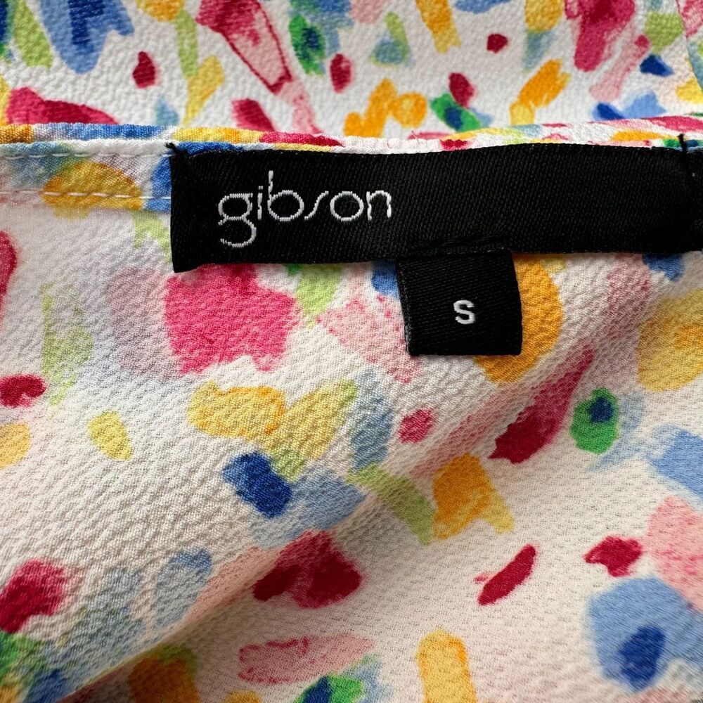 Gibson Top Ladies Sz S White Colorful Watercolor Print Scallop Neck sleeveless