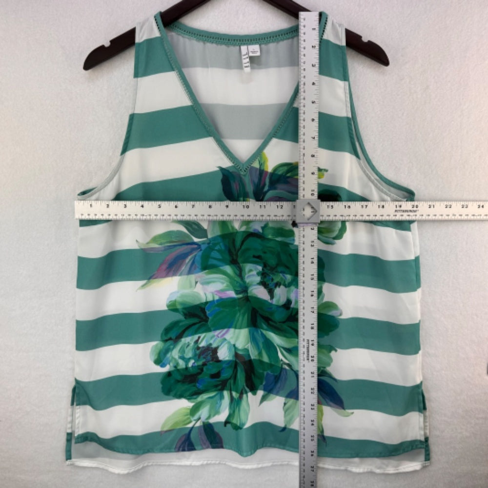 ELLE Tank Top Sz L Green White Stripes Front Floral Print Ladder Stitch neckline