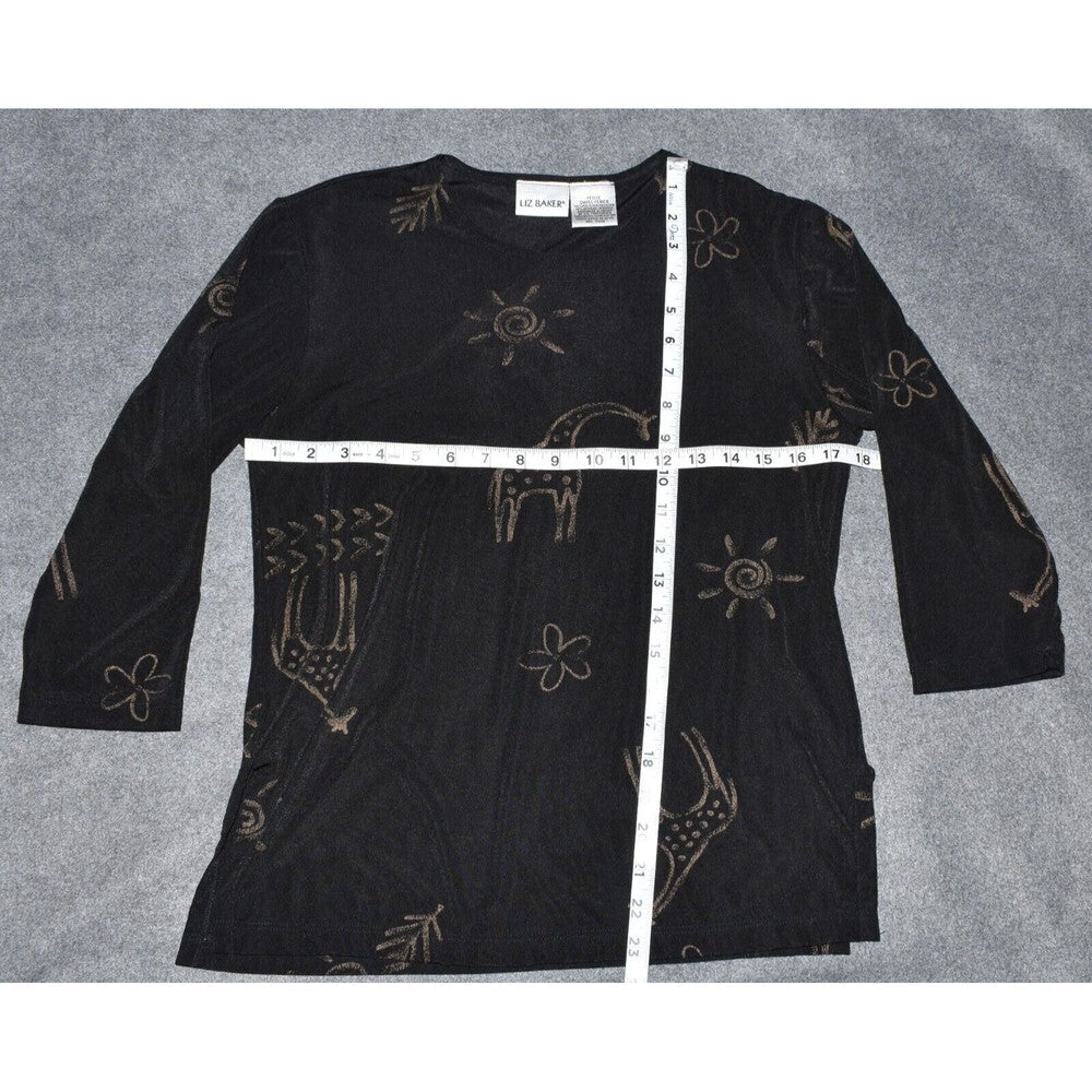 Liz Baker Womens Petite Black Long Sleeve Giraffe Print Stretch Top - Size Small