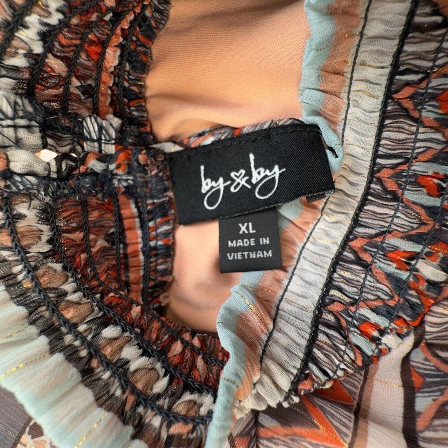 By & By Top Sz XL Sheer Ruffled High Neck Sleeveless Peach Gray Lined