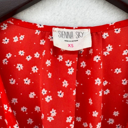 Sienna Sky Blouse Sz XS Red White Print Ruched Waistline and Sleeves Peplum