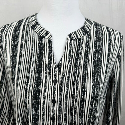 NY Collection Top Sz S Black White Stretchy Henley Neck Roll Up Sleeves Pleated