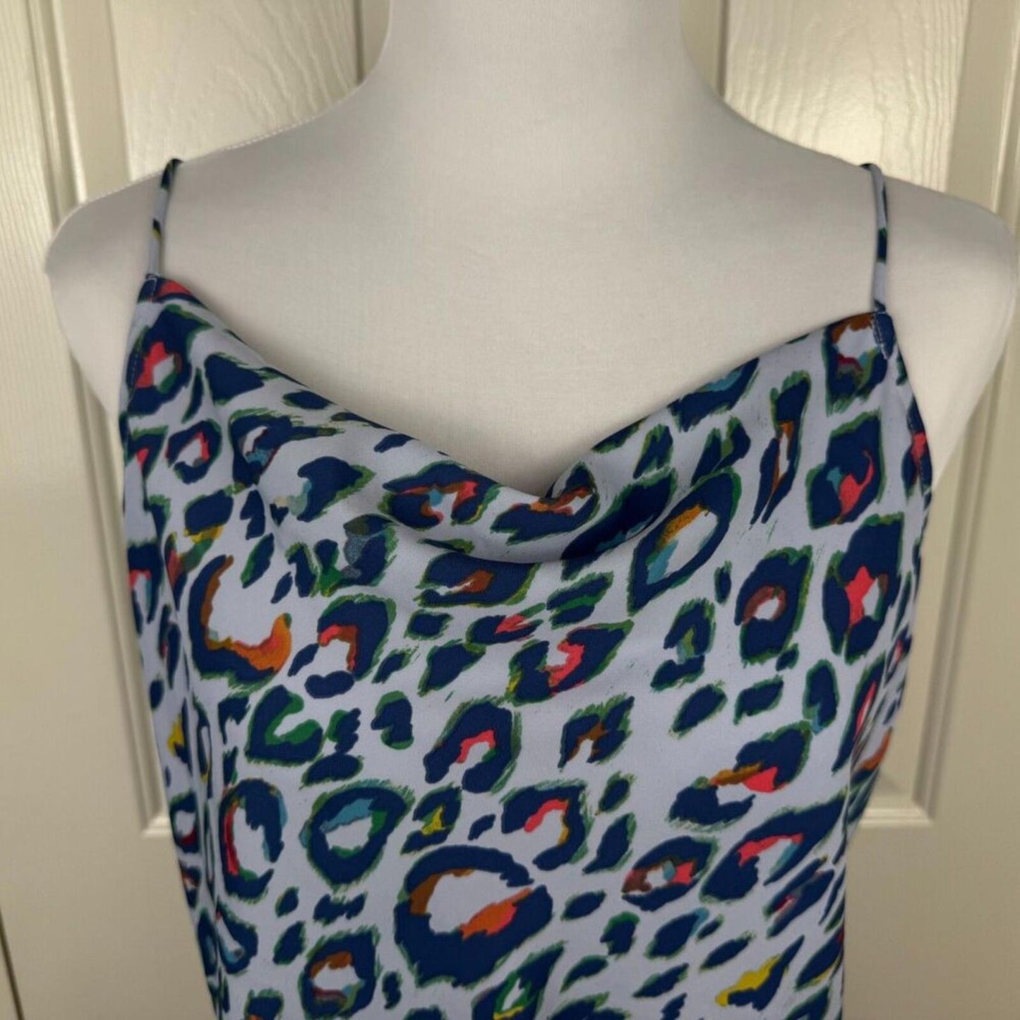 Nine West Women Sz S Camisole Tank Top Blue Animal Print Cowl Front Neck
