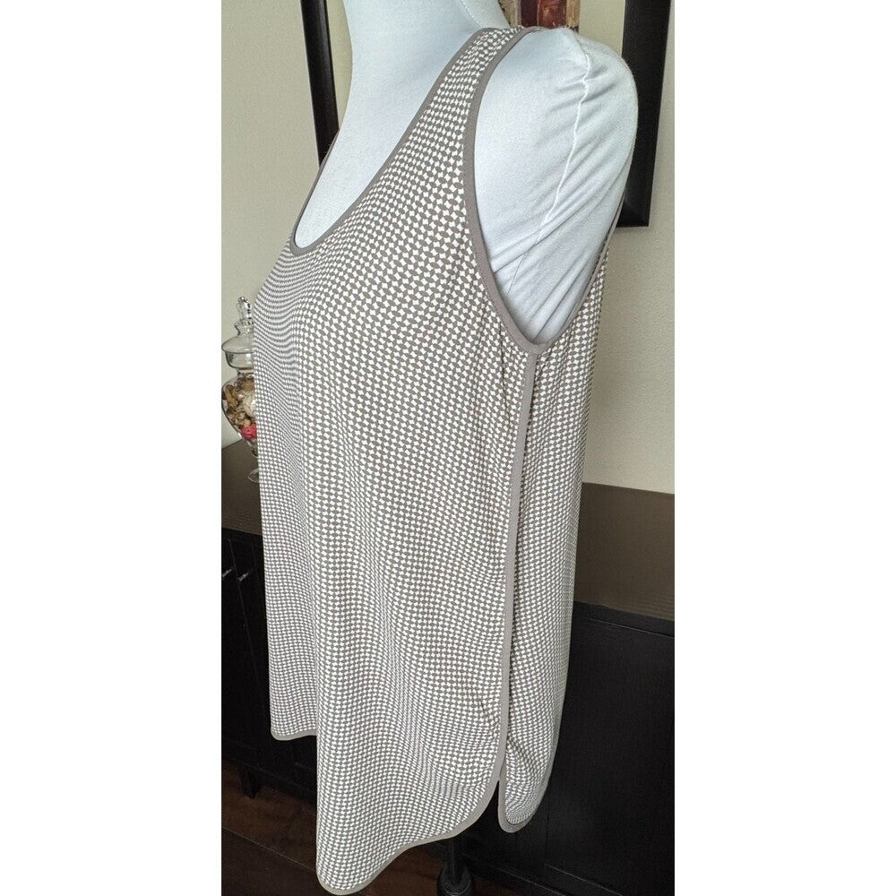 Loft Ann Taylor Top Sz XS Taupe White Print Long Tunic Sleeveless Solid Trim
