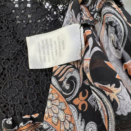 Daniel Rainn Ladies Blouse Sz L Sheer Black Tan Gray paisley Lace neckline