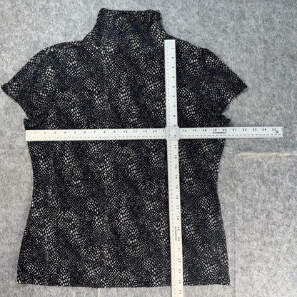 Alfani Women Top Sz L Black Gray Turtleneck Stretch Short Sleeve Geo Print