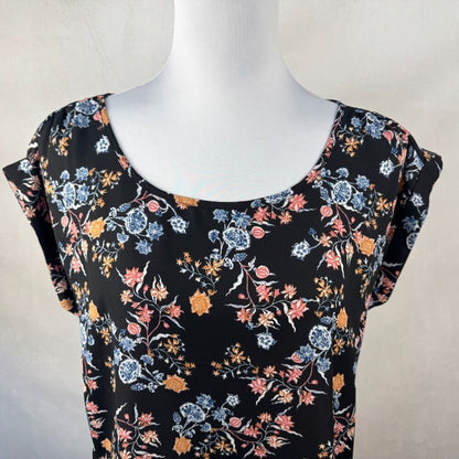 Pink Rose Women Blouse Sz M Sheer Black Floral Print Cap Sleeve Lightweight