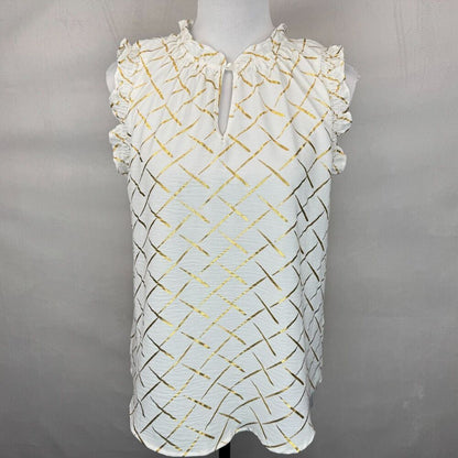 Como Black Ladies Sz S Blouse White Gold Print ruched round neck keyhole