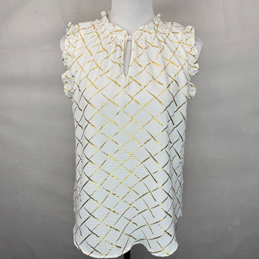Como Black Ladies Sz S Blouse White Gold Print ruched round neck keyhole