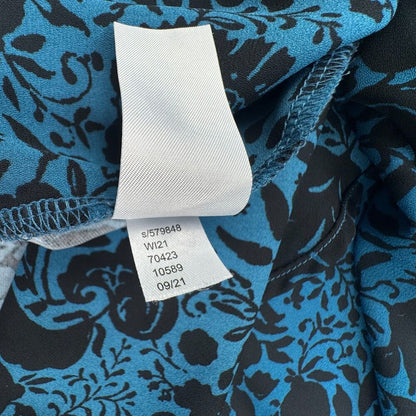 Ann Taylor Top Sz XS Blue Floral Print Stretch V Neck Pleat Long Cuffed Sleeve