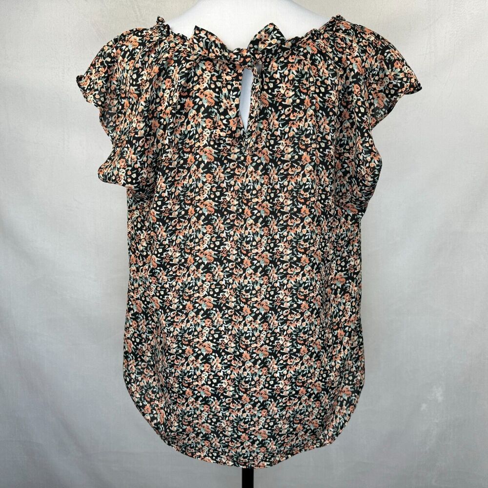 LC Lauren Conrad Top Women Sz L Black Multi Floral Pleated Round Neck Tie Back