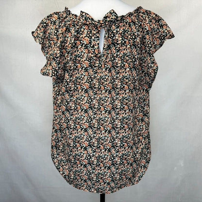 LC Lauren Conrad Top Women Sz L Black Multi Floral Pleated Round Neck Tie Back