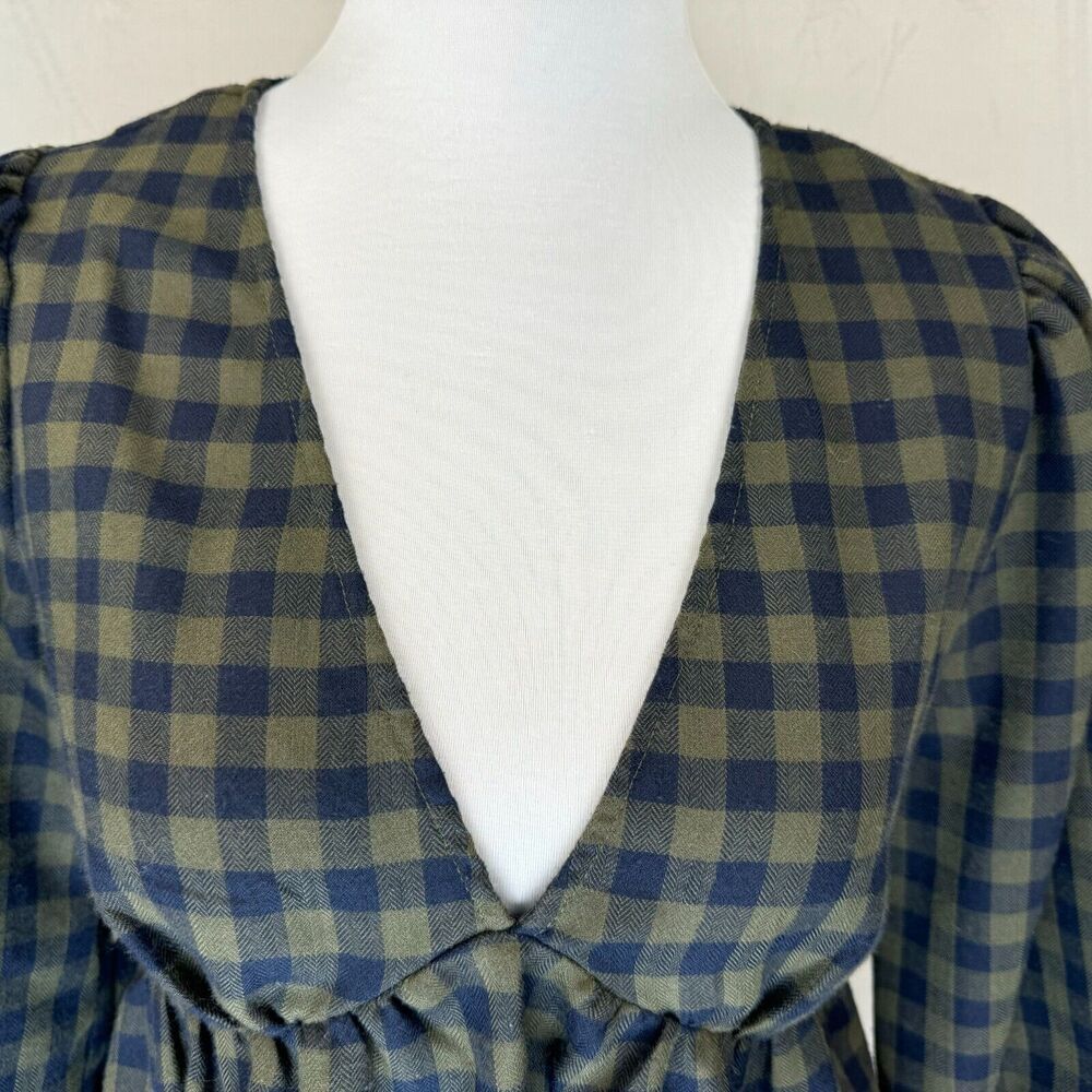 Forever 21 Woven Crop Peplum Blouse SZ S Green Blue V Neck Balloon Long Sleeve