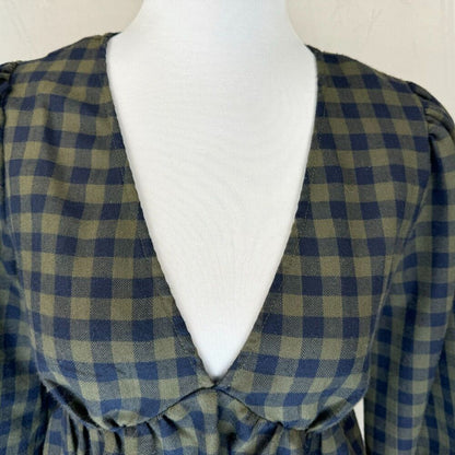 Forever 21 Woven Crop Peplum Blouse SZ S Green Blue V Neck Balloon Long Sleeve