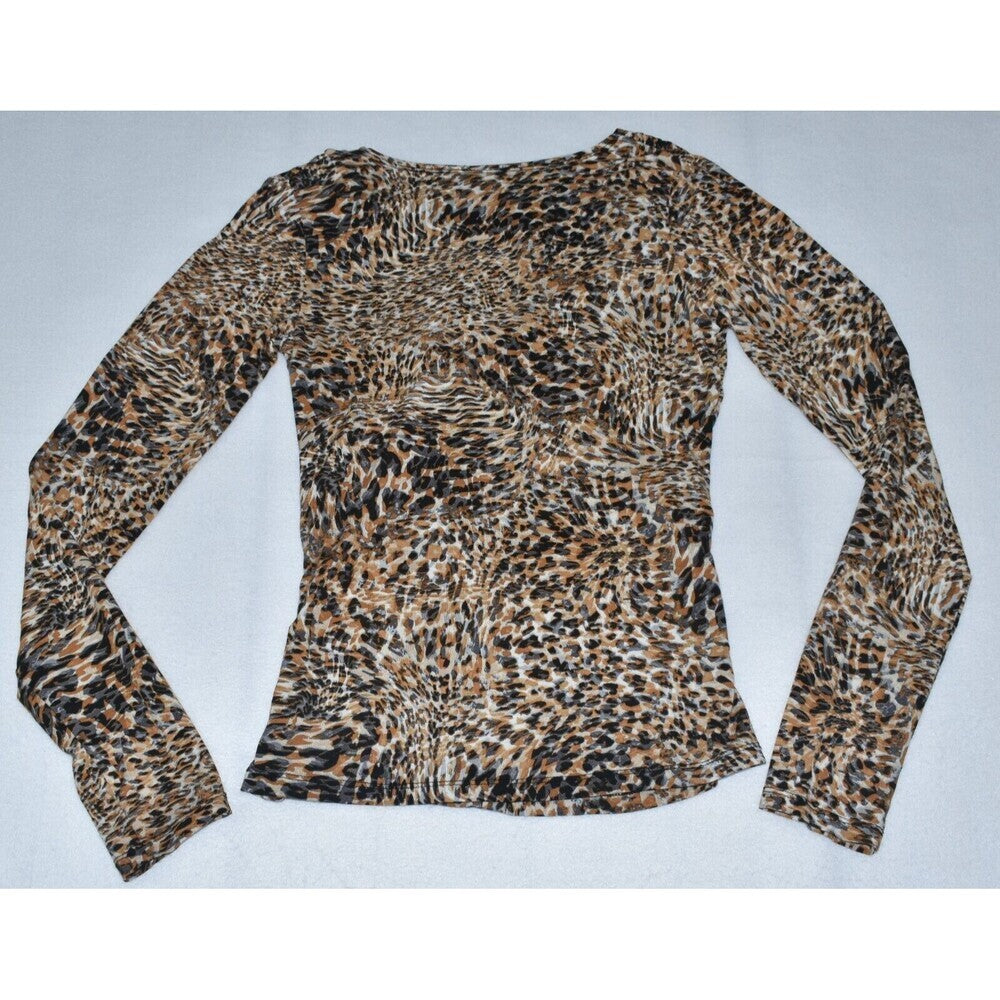 One West Top Sz S Long Sleeve V-Neck Ruched Center Animal Print