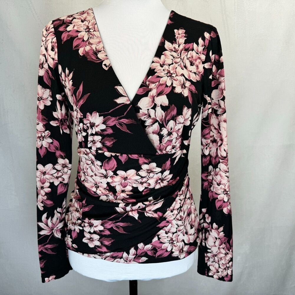 INC International Concepts Ladies Sz M Black Top Pink Floral Faux Wrap Peplum