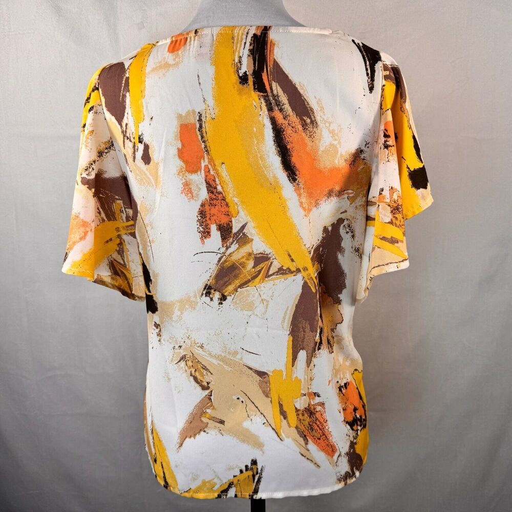 Willow & Root Ladies Blouse Sz XS V-Neck Flutter Sleeve Yellow Brown Peach Cream