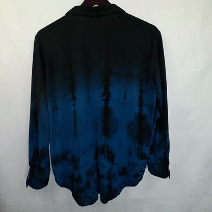 Rock & Republic Ladies Shirt Sz S Black Blue Tie-Dye 1/2 Button Roll-Tab Sleeve