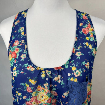 Ali & Kris Tank Top Sz M Floral Sheer Racerback Scoop Neck Blue Lace Pocket