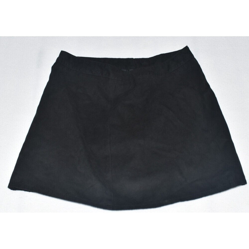 A black A-line mini skirt made of a textured fabric, shown flat against a white background.