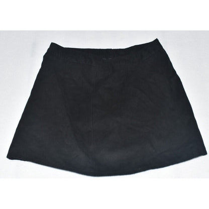 A black A-line mini skirt made of a textured fabric, shown flat against a white background.