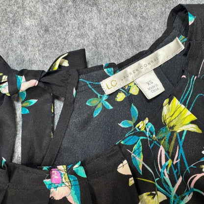 LC Lauren Conrad Blouse Sz XS Black Floral Round Pleated Neck Cap Sleeve