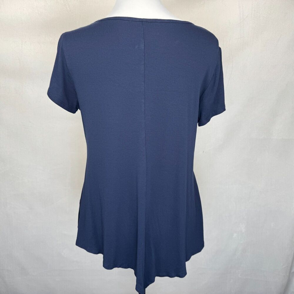 B.L.E.U. Women Sz PM Stretch Top Blue Beaded Scoop Neck Short Sleeve