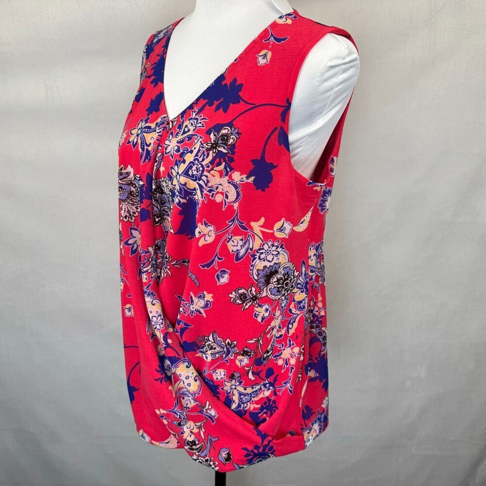 Dana Buchman Top Sz M Floral Red Faux Wrap Bubble Front Hem VNeck Sleeveless