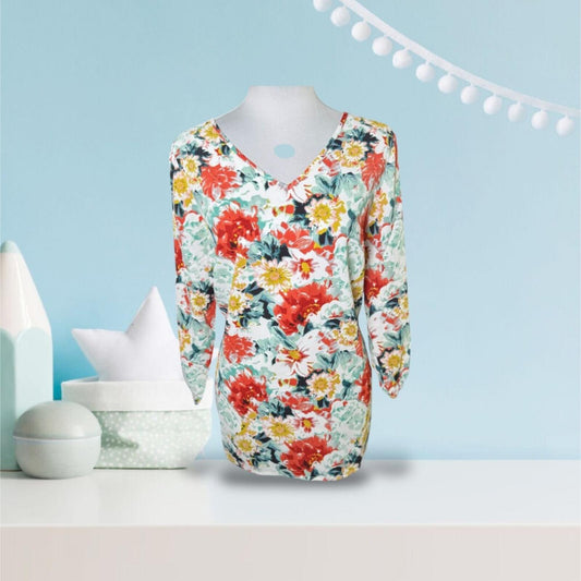 Mario Serrani Women Top Sz S NWT Green Floral V-Neck Top 3/4 Sleeves B2119