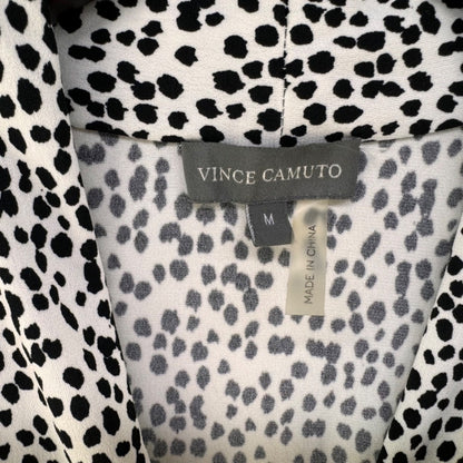 Vince Camuto Top Sz M V-Neck White and Black Print Ruched Sides Flattering Fit