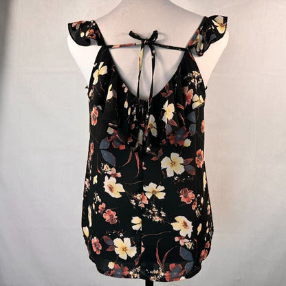 Maurices Floral Tank Sz S Black Peach Yellow Ruffled neck spaghetti straps