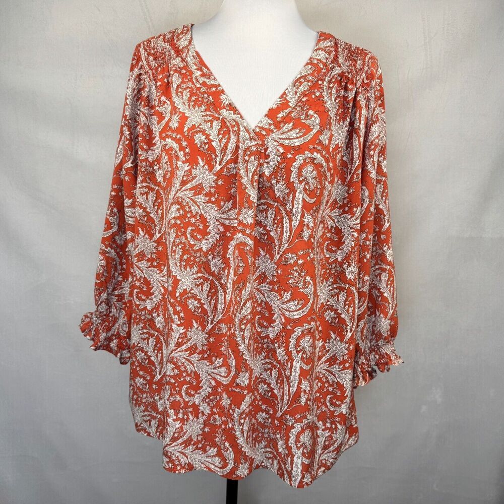 Jones New York WomenSz 1X VNeck Paisley Print 3/4 Elastic Sleeve Front Pleat