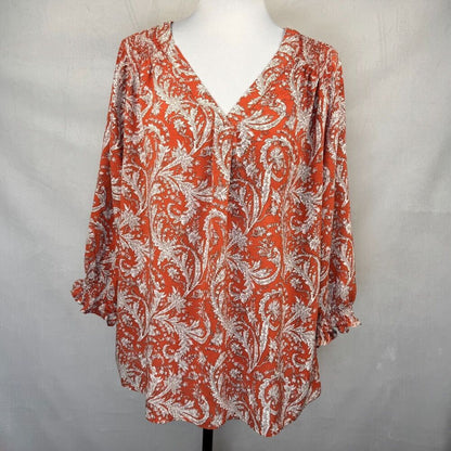 Jones New York WomenSz 1X VNeck Paisley Print 3/4 Elastic Sleeve Front Pleat
