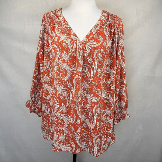 Jones New York WomenSz 1X VNeck Paisley Print 3/4 Elastic Sleeve Front Pleat