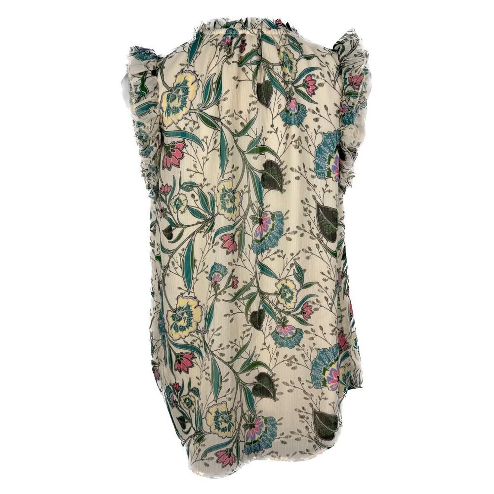 LOFT Sz S Ivory Sleeveless Lined Floral Ruffle Neck Sheer Tank Top