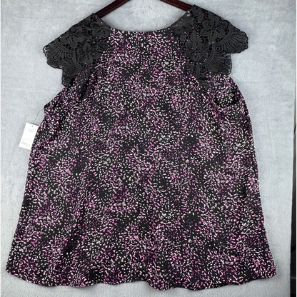 City Streets Top Sz 2X Black and Print Red Orange Lace Cap Sleeve V-Neck