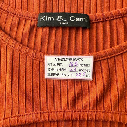 Kim & Cami Knit Top Sz S Rust Ribbed Cutout Chest Long Sleeve