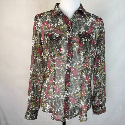 Eddie Bauer Women Sz XS Sheer Green Floral Blouse Roll Up Sleeves Button Down