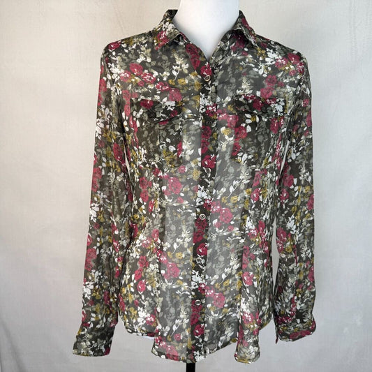Eddie Bauer Women Sz XS Sheer Green Floral Blouse Roll Up Sleeves Button Down