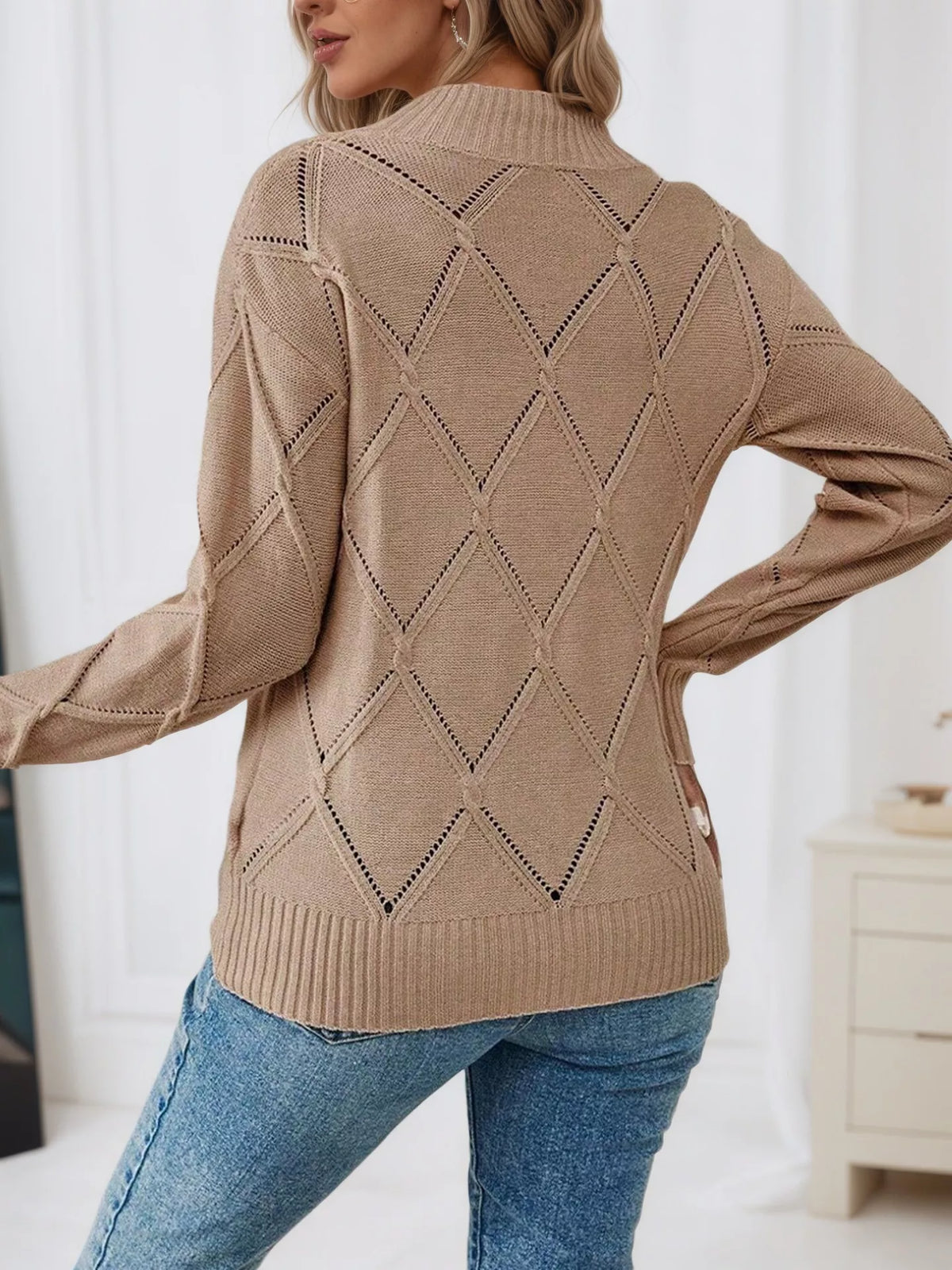 Simply Love Women's Diamond Eyelet Long Sleeve Knit Sweater