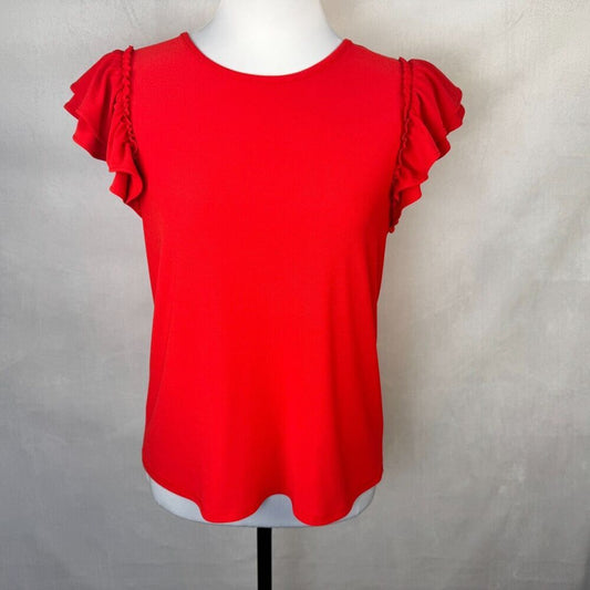 CeCe Women Sz XS Knit Red Blouse Crew Neck Double Ruffle Flutter Sleeve