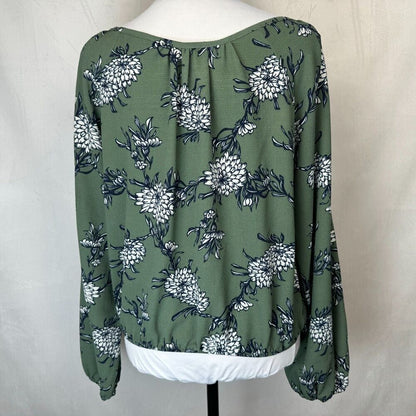 Let Them Eat Cake Sz L Crop Top Green Blue Flowers V-Neck Wrap elastic waist