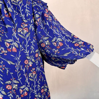LOFT Women's Sz S Blouse Blue Floral Ruffle Crew Neck Puffed Ruffle Short Sleeve