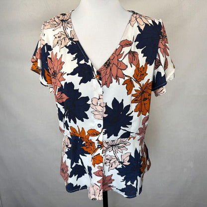 Liz Claiborne Top Sz M Short Flare Sleeve Multicolor Floral Peplum Button Up