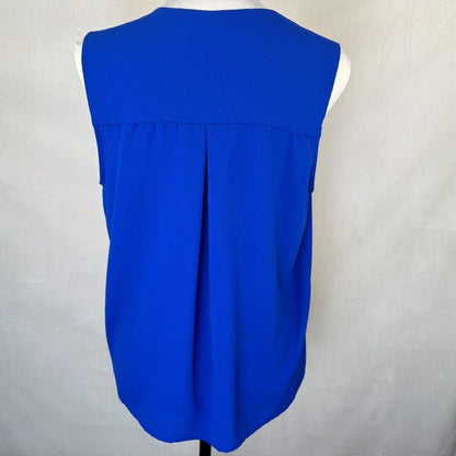 Monteau Women Blouse Sz L Blue Split Neck Pockets Sleeveless