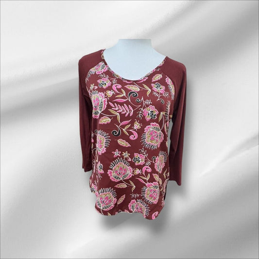 The Limited Women Sz XS NWT Burgundy Long Sleeve Floral Satin Front Knit Back