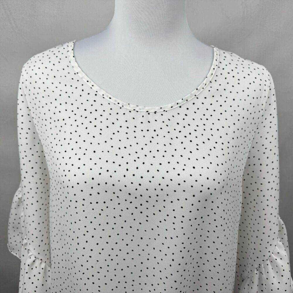 Sienna Sky Sz L Polka Dot Ruffle Hem Blouse Boat Neck 3/4 Flared Sleeve Career