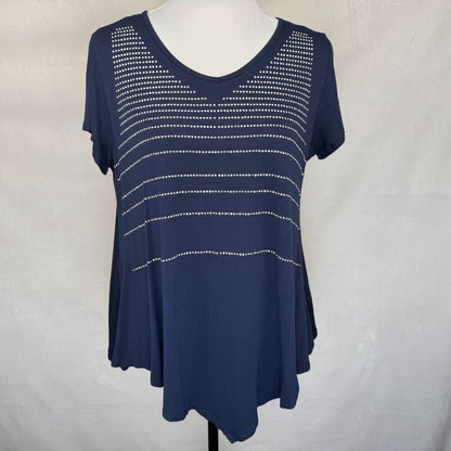 B.L.E.U. Women Sz PM Stretch Top Blue Beaded Scoop Neck Short Sleeve