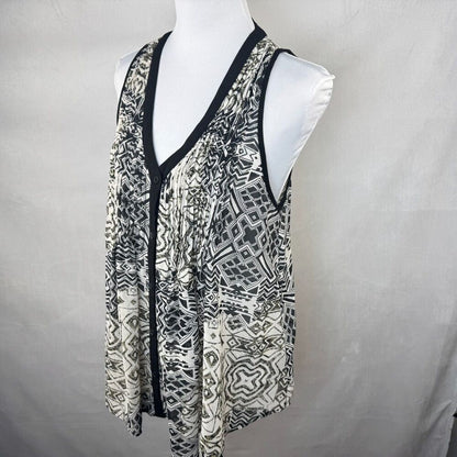 Forever 21 Sheer Tunic Sz M Geometric VNeck Button Down Black Trim Sleeveless