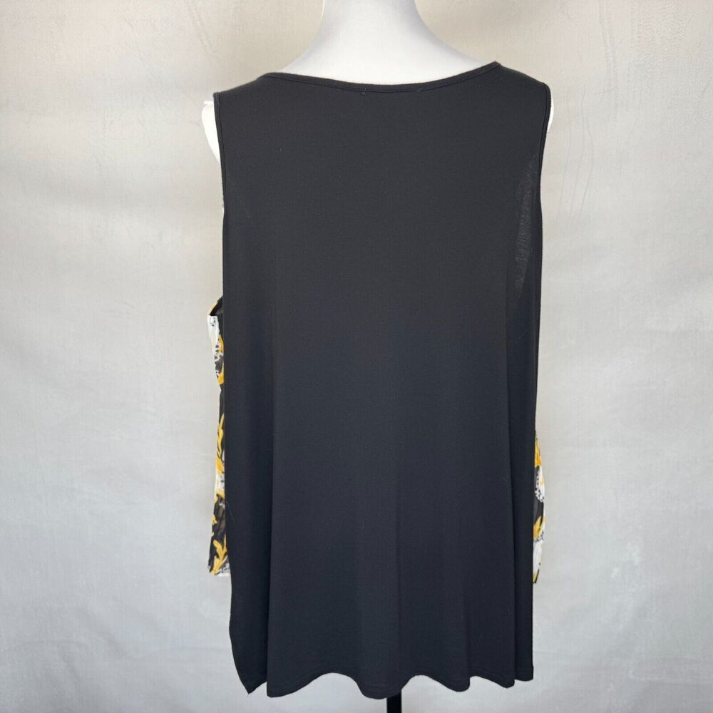 DG2 Diane Gilman Top Sz 1X Black Yellow Print Front Pleated Layered Sleeveless